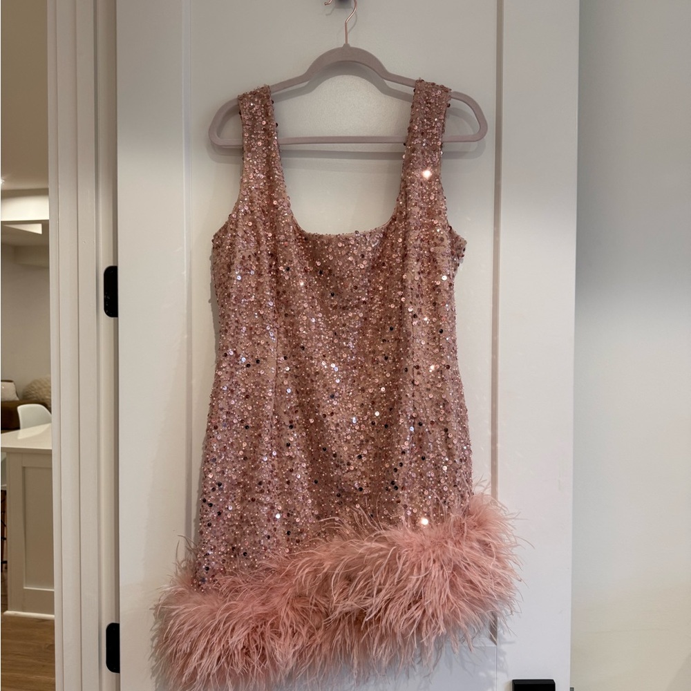 NADINE MERABI Rose Pink Sequin Feather Trim Mini Dress